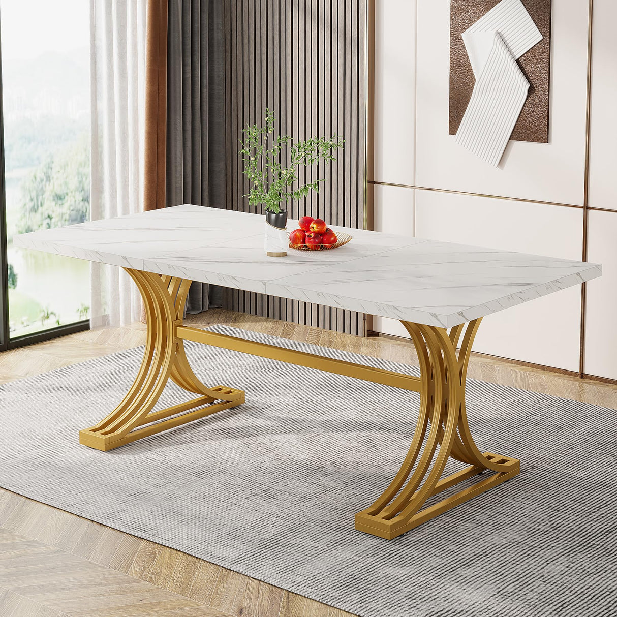 Tribesigns 63-Inch Rectangular Dining Table for 4 to 6, Modern Kitchen Table with Faux Marble Table Top and Stylish Metal Legs, White and Gold Dinner Tables for Dining Room, Kitchen Tribesigns