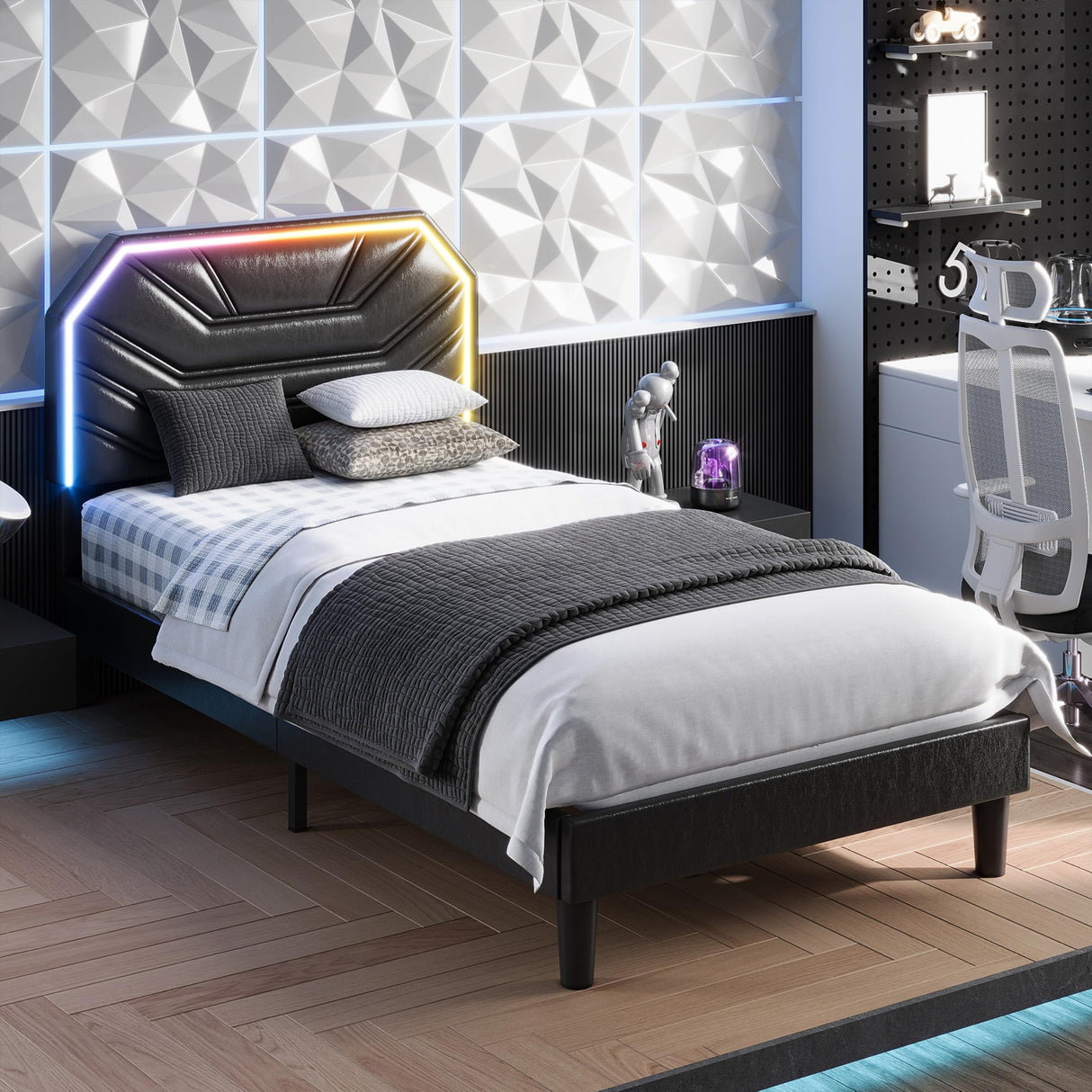 LIKIMIO Twin Bed Frames with Lighted Headboard, Upholstered Modern Cama Twin Platform Bed with Heavy Duty Supports, No Box Spring Need, Noise Free, Easy Assembly, Black LIKIMIO