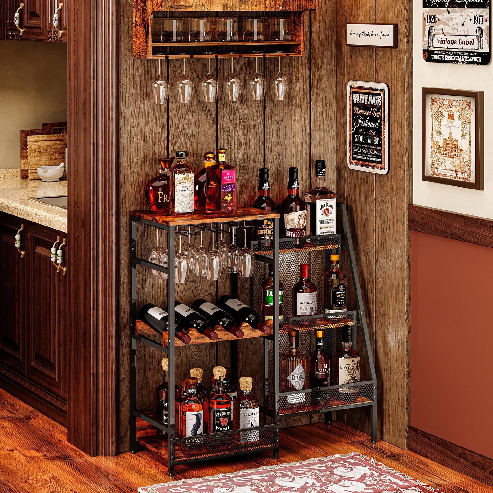 Versatile Liquor Stand for Home Bar, Wine Rack Freestanding Floor, Mini Bar Table for Liquor Whiskey Wine, 3-Tier Trapezoidal Liquor Bottle Display Shelf with Glass Holder and Fences(Patent P - WoodArtSupply