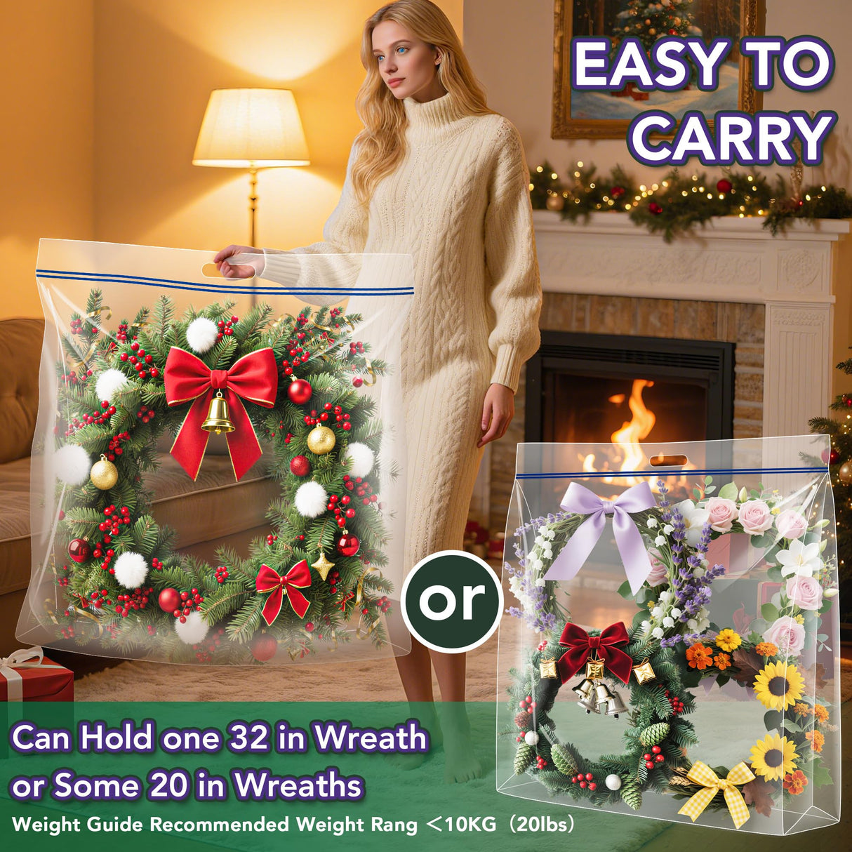 Extra Large Wreath Storage Bag, 34"x34"x8.5", Clear Storage Bag with Handle, Summer Christmas Decoration Garland Container for Seasonal Thanksgiving Holiday Artificial Wreath, 4 Pack VacPack