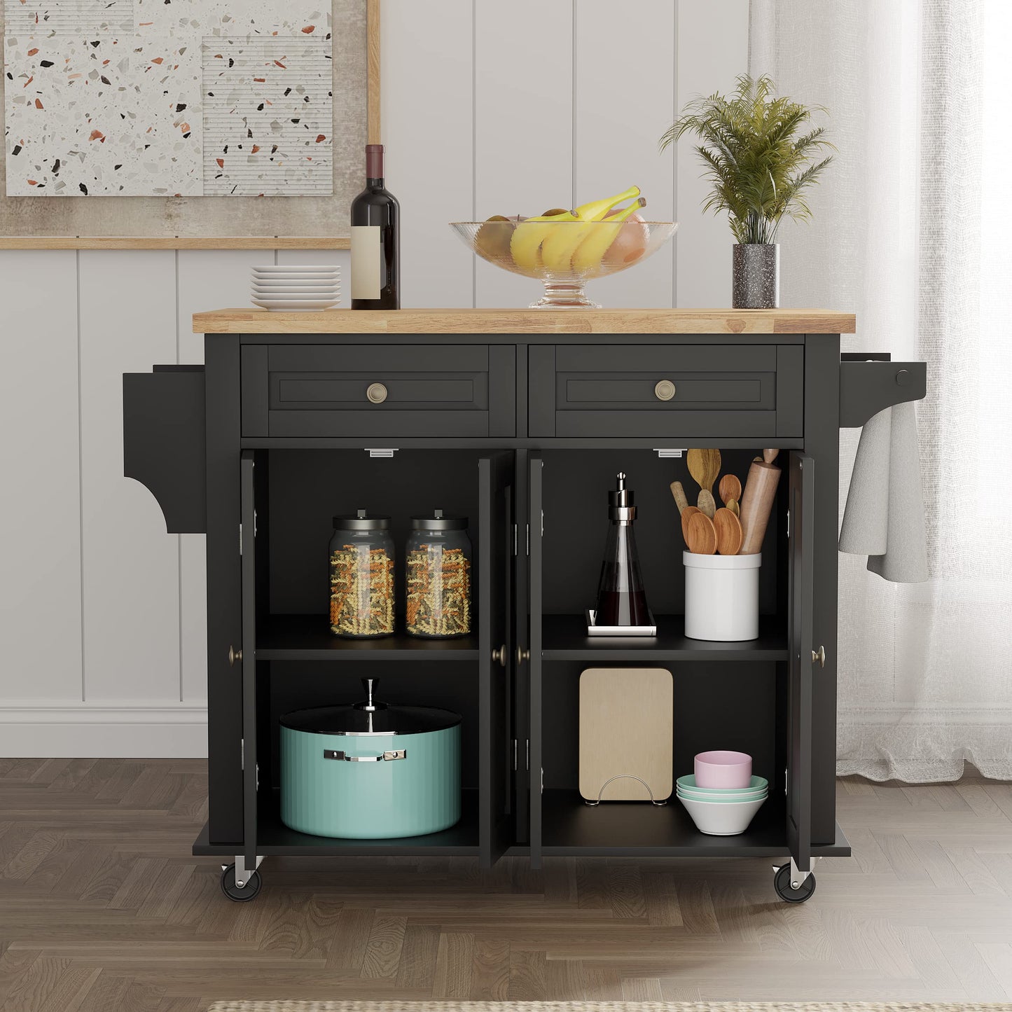 Squireewo Kitchen Cart with Rubber Wood Top Breakfast Bar, Rolling Mobile Kitchen Island Table on Wheels with Drawer and Storage Cabinet, Spice Rack, Towel Rack, Black - WoodArtSupply