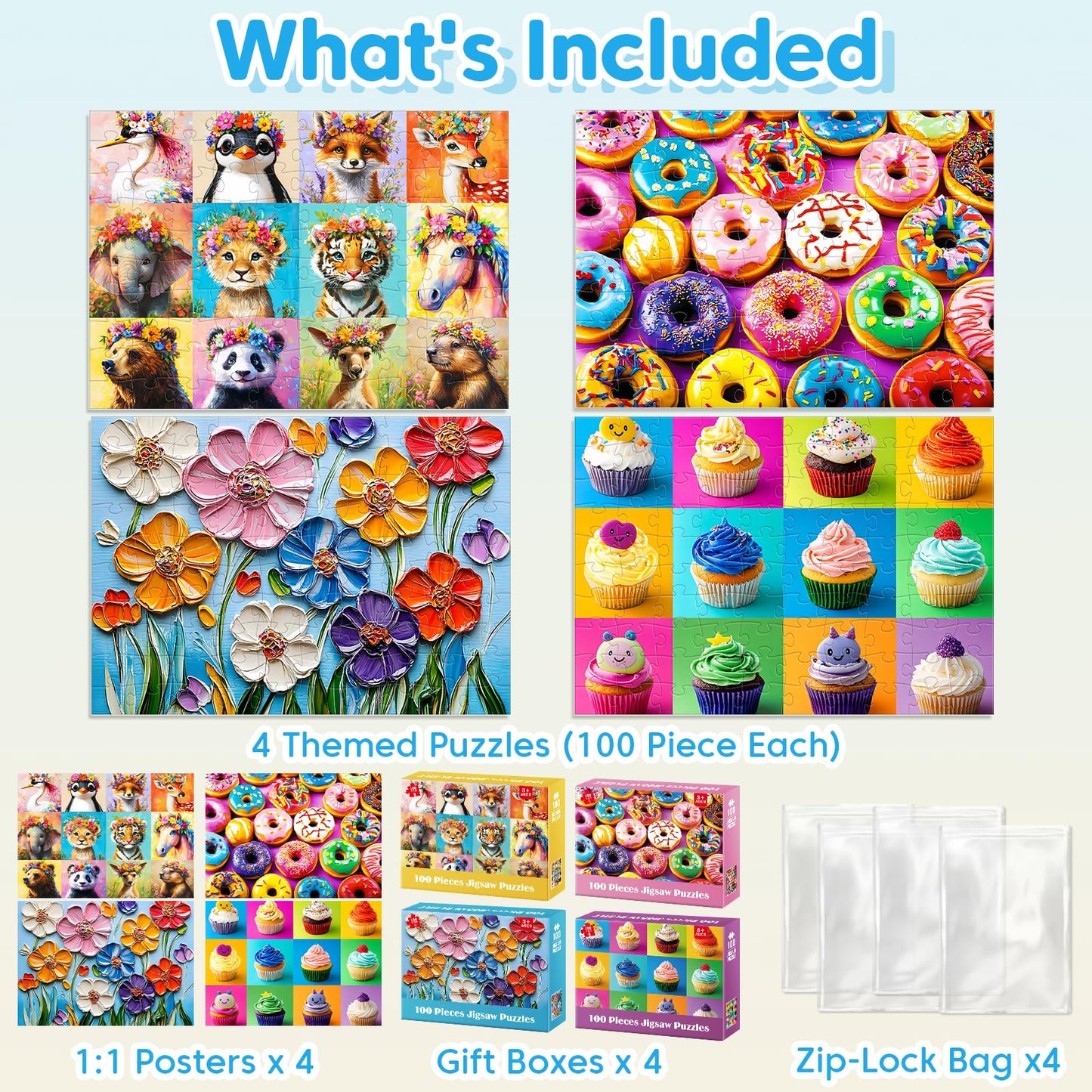 100 Piece Puzzles for Kids Ages 4-8 - Animal Portraits Donuts Puzzles for Kids Ages 8-10 Large Puzzles for Senior Jigsaw Puzzles for Kids Ages 6-8 Year Old Educational Puzzles Toys 4-Pack