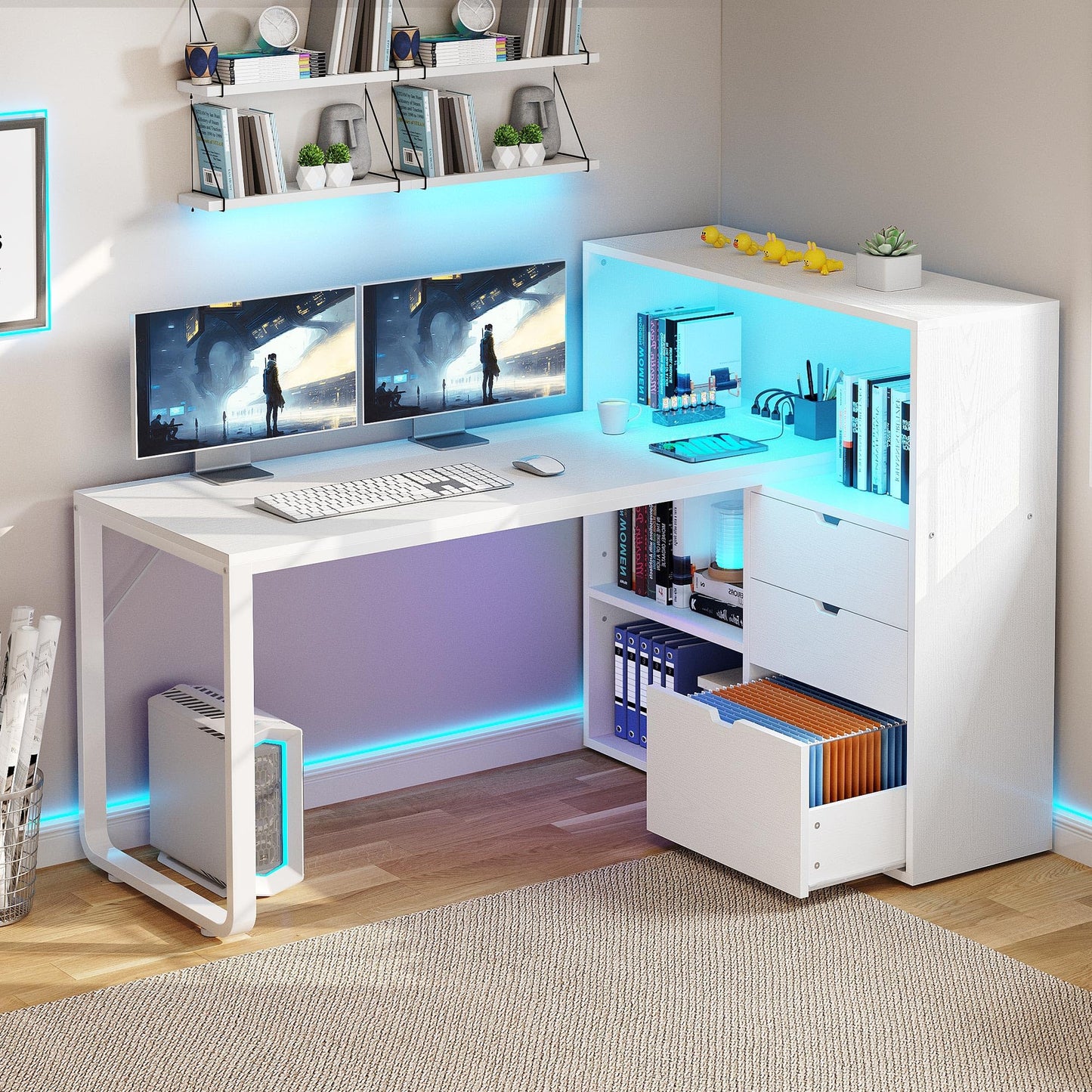 YITAHOME 55" L Shaped Computer Desk with Power Outlets, LED Lights, File Cabinet & Ample Storage in White