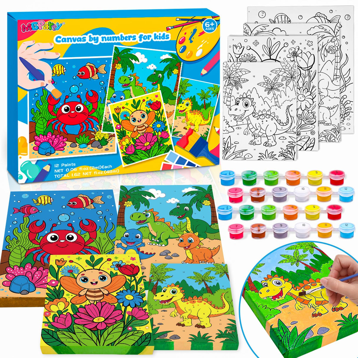 4 Pack Paint by Numbers for Kids Ages 6-8 8-12, Pre-Drawn Canvas Painting Kit with 12 Acrylic Paints & 8 Brushes, DIY Canvas Art Kits for Kids Painting Activities, Classroom Crafts, Wall Decor MGparty