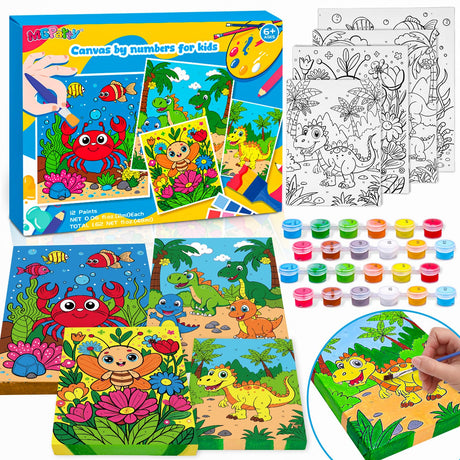 4 Pack Paint by Numbers for Kids Ages 6-8 8-12, Pre-Drawn Canvas Painting Kit with 12 Acrylic Paints & 8 Brushes, DIY Canvas Art Kits for Kids Painting Activities, Classroom Crafts, Wall Decor MGparty
