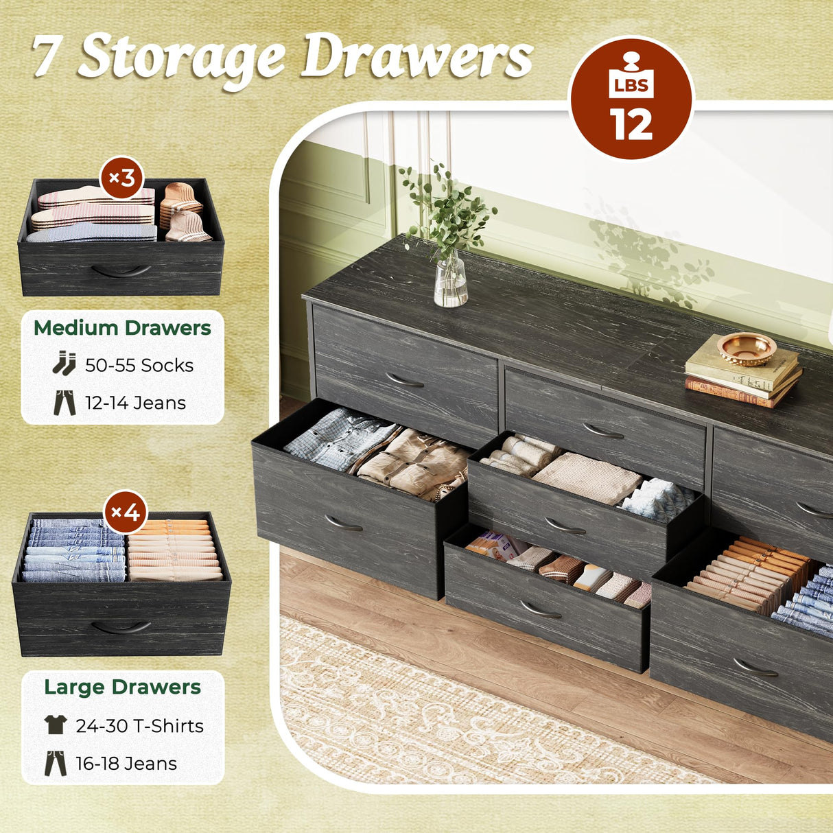 Huuger Dresser for Bedroom, 63 Inch Dresser TV Stand for 55, 65, 70 Inch TV, Long Dresser, Fabric Dresser, TV Stand with 7 Drawers, Dresser for Closet, Clothing, Charcoal Black Wood Grain Print Huuger