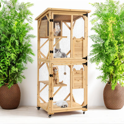 GIODIR 71" H Cat Catio Outdoor Cats Enclosure Window, 4 Tiers Cat Wooden House Cage on Wheels, Large Catios for Cats Indoor Patio with Waterproof Roof, Removable Floor and Scratching Post (Natural)