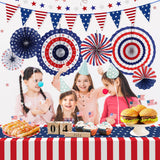 HOOSUN Patriotic 4th of July Decorations Set, 9 Pcs Red White and Blue Paper Fans, USA Pennant Bunting, Star Streamers, Patriotic Tablecloth for Fourth of July Party Supplies, Memorial Day Decor HOOSUN