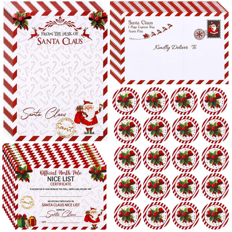 AnyDesign 15 Sets Christmas Official Letters Certificate from Santa Claus Include 15Pcs Red White Stripes Writing Letter 15Pcs Nice List Certificate 15 Envelopes and 30 Stickers for Family Party Favor AnyDesign