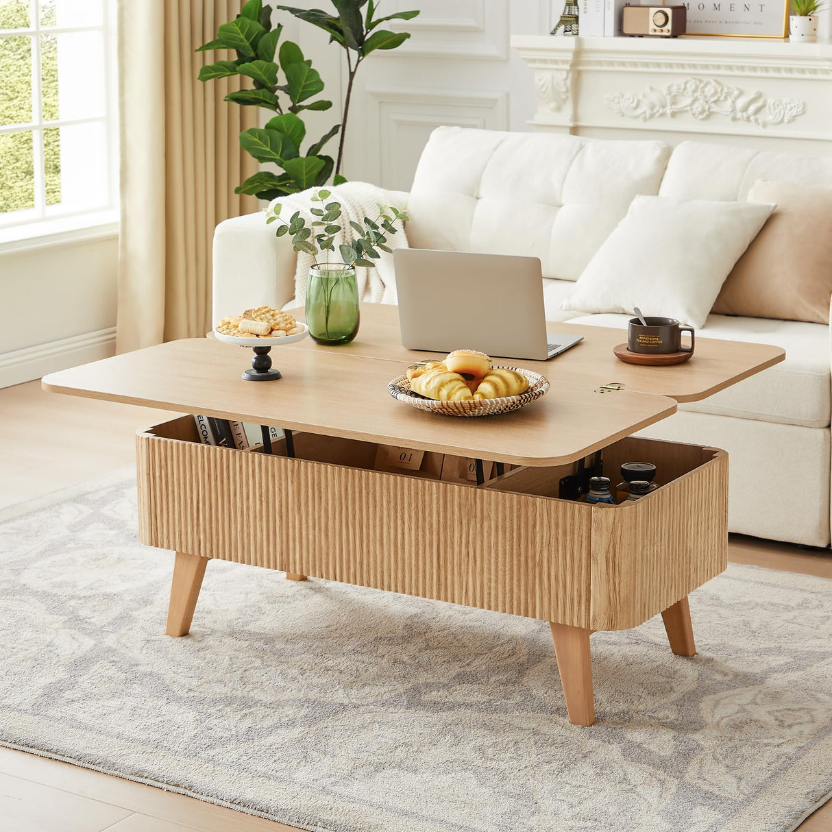 3 in 1 Lift Top Coffee Table, Fluted Convertible Coffee Tables Converts to Dining Tables, Modern Oval Wooden Center Table with Storage for Living Room Office Small Space, Partial Assembly (Natural) ORRD