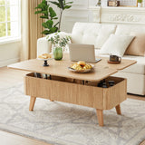 3 in 1 Lift Top Coffee Table, Fluted Convertible Coffee Tables Converts to Dining Tables, Modern Oval Wooden Center Table with Storage for Living Room Office Small Space, Partial Assembly (Natural) ORRD