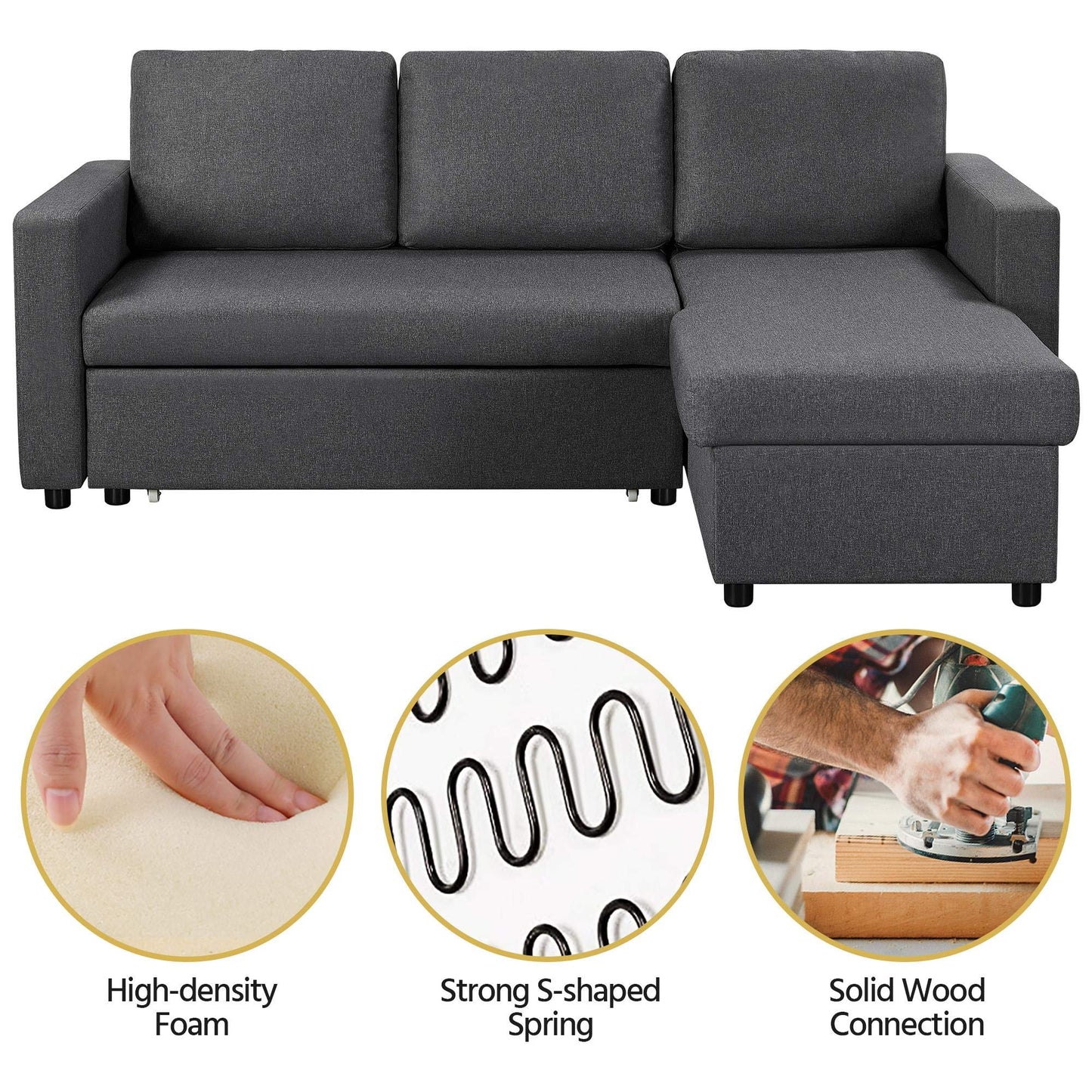 Yaheetech Sectional Sofa L-Shaped Sofa Couch Bed w/Chaise & USB, Reversible Couch Sleeper w/Pull Out Bed & Storage Space, 4-seat Fabric Convertible Sofa, Pull Out Couch for Living Room Dark Gray