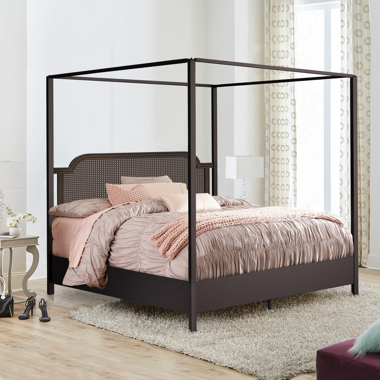 Hillsdale Melanie Wood and Metal King Canopy Bed with Low Footboard, Oiled Bronze Hillsdale