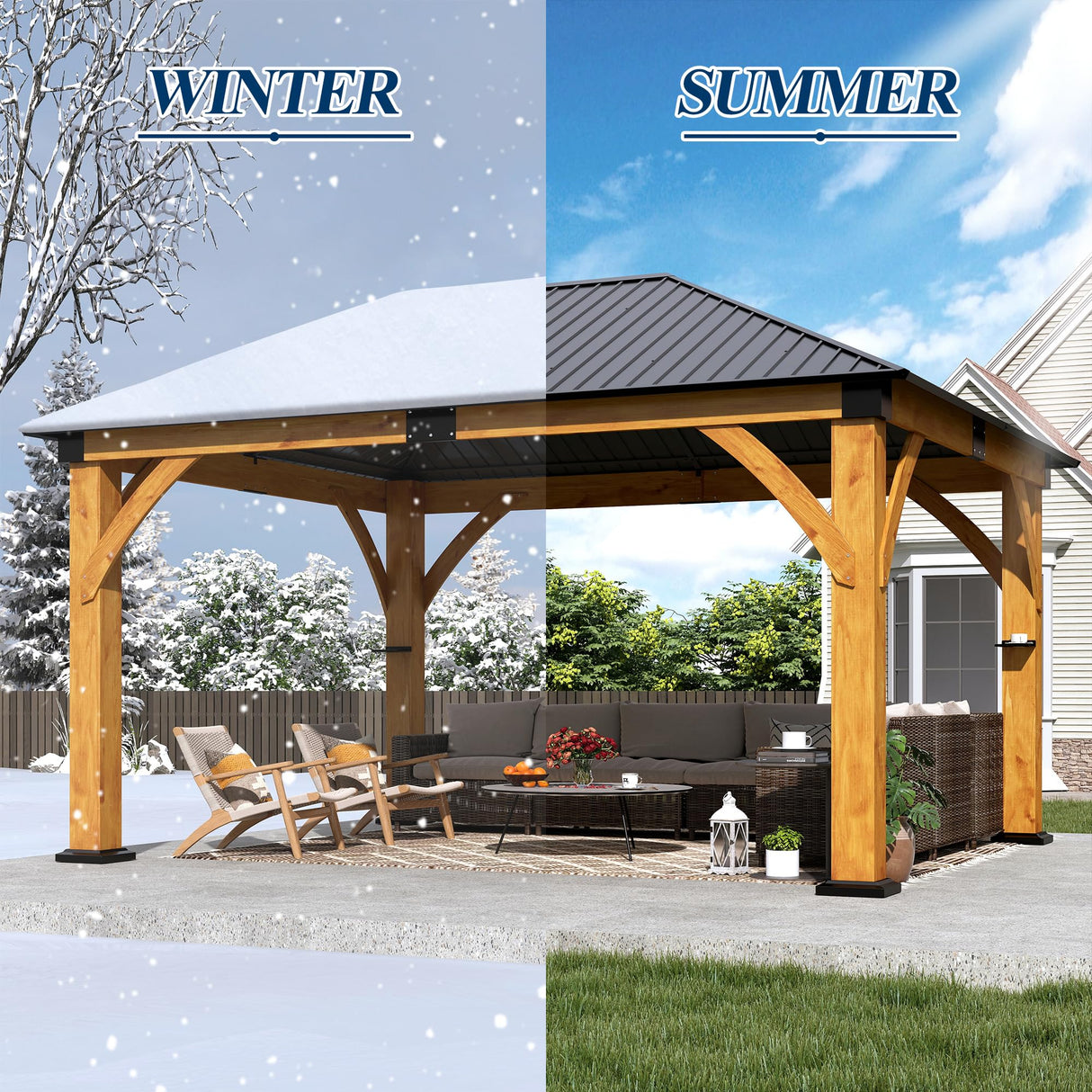 COVERONICS 13FT x 15FT Outdoor Spruce Wood Gazebo - Patio Wooden Frame Gazebo with Galvanized Steel Roof, Heavy-Duty Hardtop Gazebos for Garden, Poolside, Deck, Backyard COVERONICS
