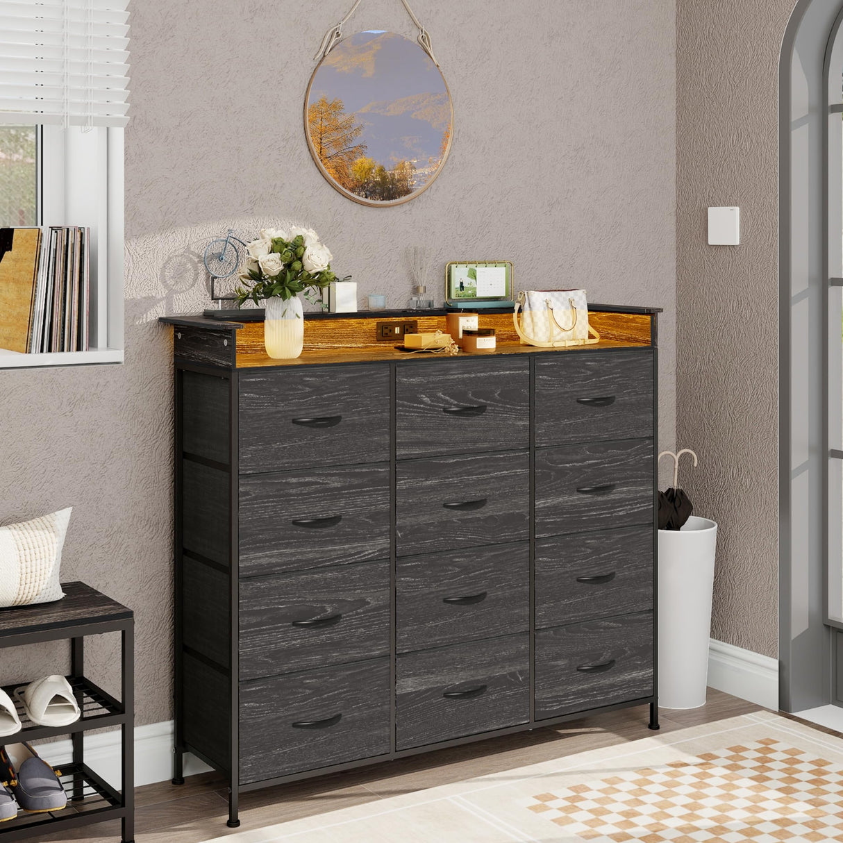 Welfuturer Black Dresser with LED Light 12 Drawers Dresser with Charging Station Dresser for Bedroom with 12 Fabric Drawers for Bedroom Hallway Entryway Closets Sturdy Steel Frame Wood Top Black Welfuturer