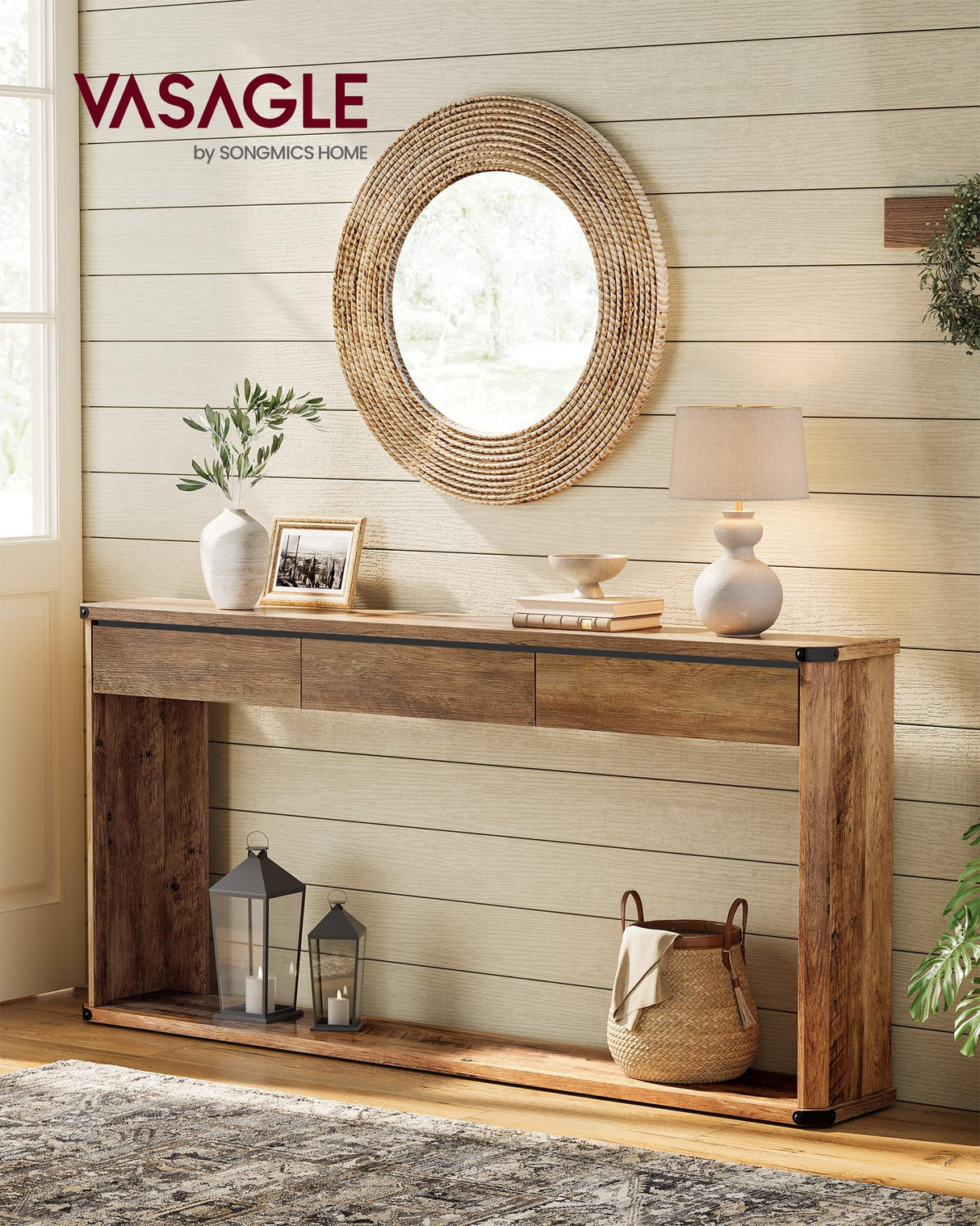 VASAGLE Console Table, 63 Inches Sofa Table, Narrow Entryway Table, Entry Table with 3 Drawers, Bottom Shelf, Metal Corners, for Living Room, Bedroom, Farmhouse Style, Honey Brown ULNT146K41 VASAGLE
