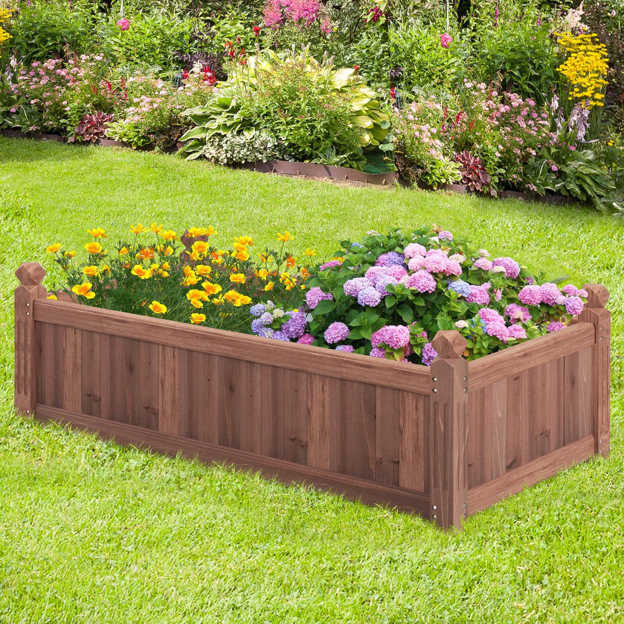 HAPPYGRILL Wood Raised Garden Bed, 46” x 24” x 16” Rectangular Planter Container w/Drainage Holes for Growing Vegetables, Flowers, Herbs, Outdoor Planter Box Flower Box for Backyard Garden Lawn HAPPYGRILL