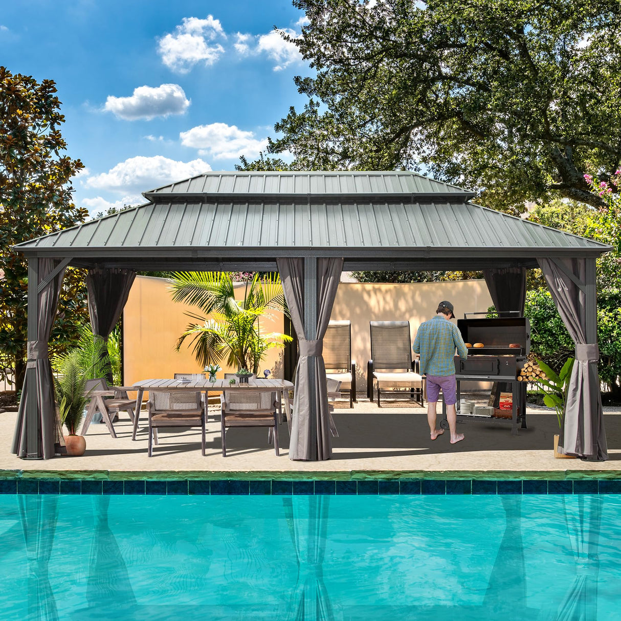 Domi 12’ x 18’ Hardtop Gazebo Aluminum Frame Canopy with Netting & Curtains, Outdoor Permanent Metal Pavilion with Galvanized Steel Double Roof for Patio Lawn and Garden, Gray domi outdoor living