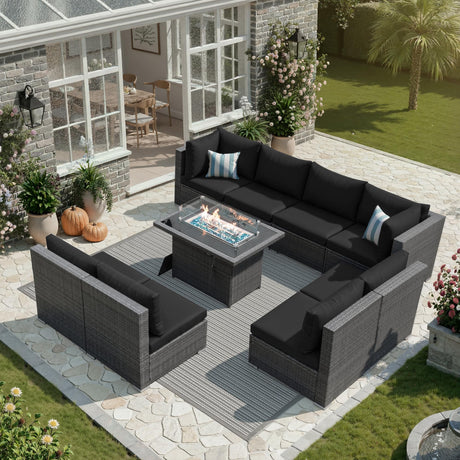 NICESOUL 9 Piece Extra Large Outdoor Patio Furniture Conversation Set with Fire Pit Natural Gas/Propane, 29.3'' High Back Modular Deep Seat Sectional Sofa Set for Outside, 2 Color Cushion Black&Gray NICESOUL
