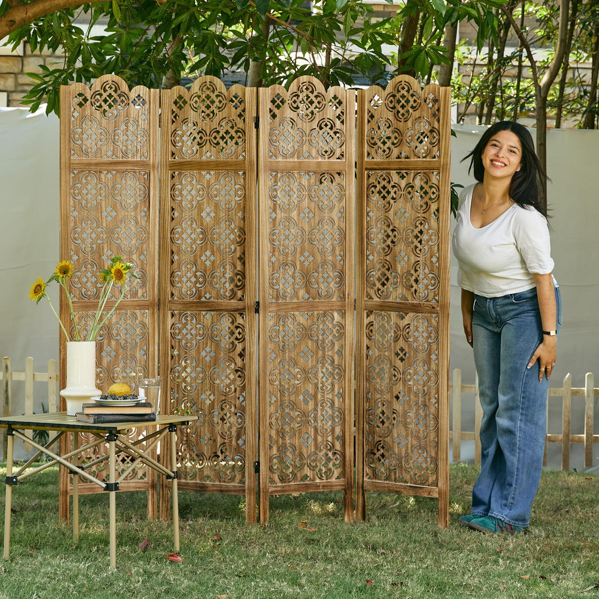 Svimi 5.75Ft Room Divider Wood Carved Wall Divider Indoor Folding Portable Partition Screen for Home Office Garden Terrace - 4 Panel (Antique Brown) Svimi