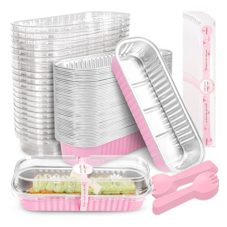 NPLUX 50 PACK Mini Cake Pans with Lids and Spoons,Rectangular Aluminum Foil Bread Pan,Mini Loaf Pans and Food Containers with Lids(Pink,6.8oz) NPLUX