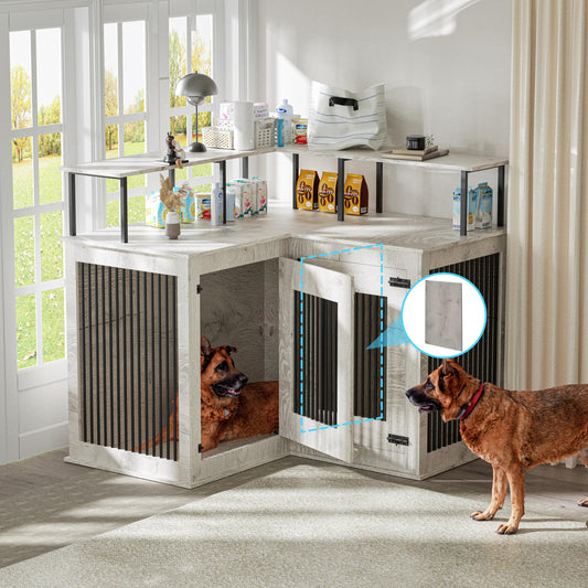 Corner Dog Crate Furniture, Decorative Dog Crate with Double Door Wooden Dog Crate Kennel Furniture with Divider Furniture Style Dog Crate End Table for Indoor Use (Marble)