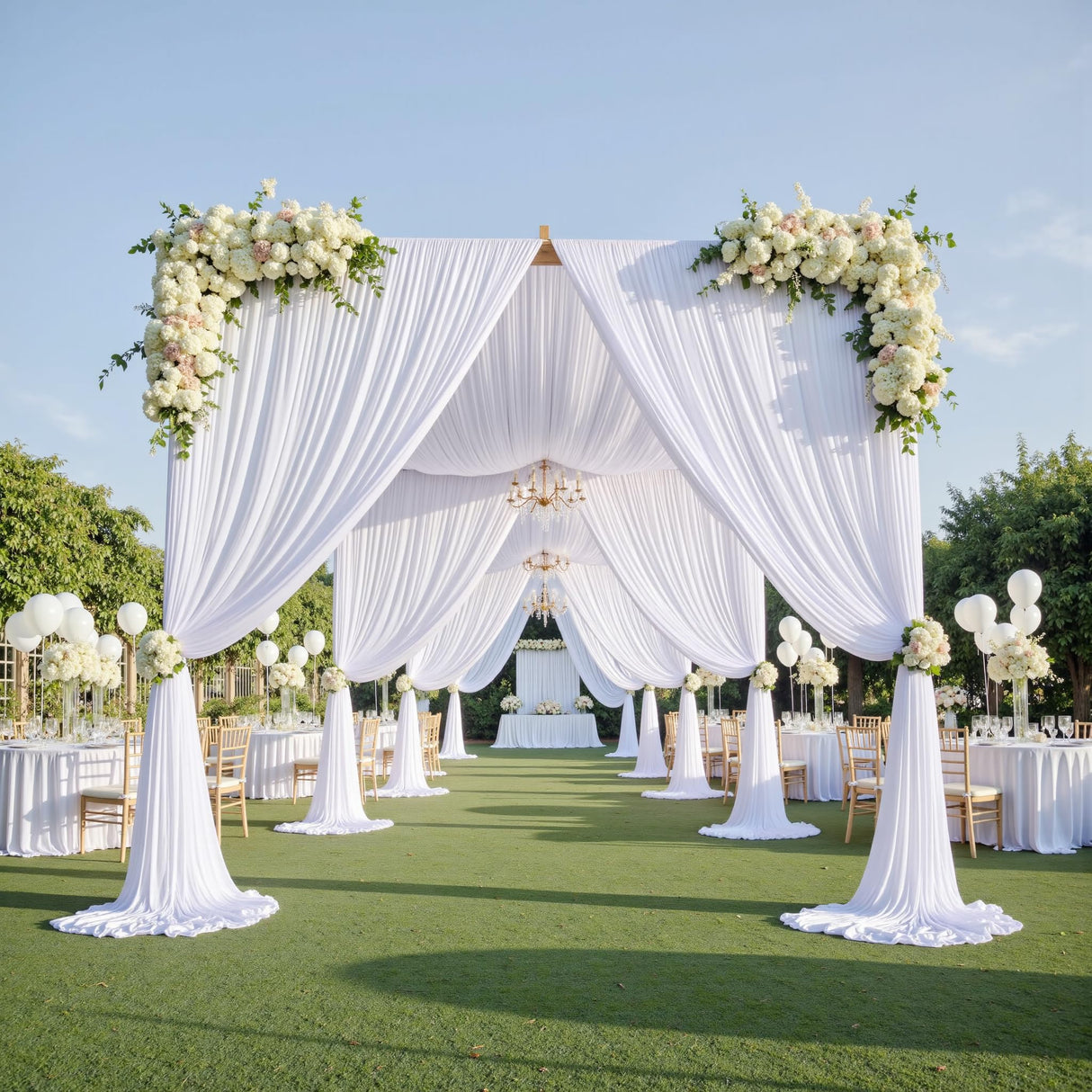 gogoparti 10x20ft White Ceiling Curtain Panels for Wedding, 2 Panels 5ftx20ft Party Wrinke Free Long Canopy Draping for Tent, Polyester White Ceiling Drapes for Birthday Event Decoration gogoparti