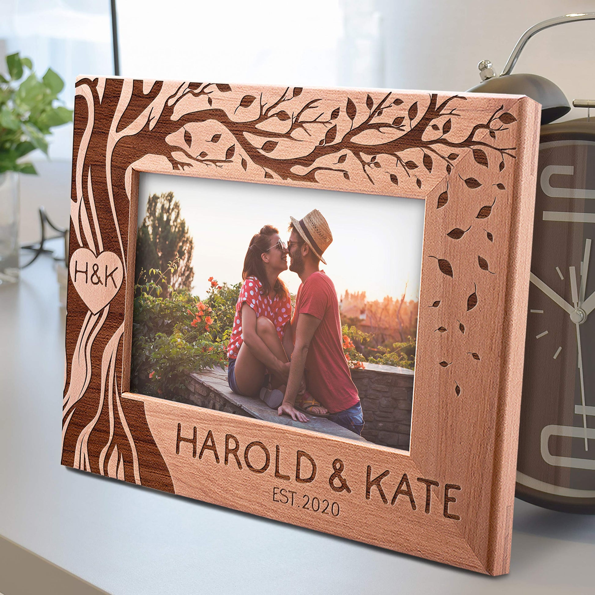 Customization Mill Love Picture Frame Personalized, 5x7 - Couple, Hearth & Your Initials on Tree, Romantic Gifts for Anniversary, Wedding, Engagement - WoodArtSupply