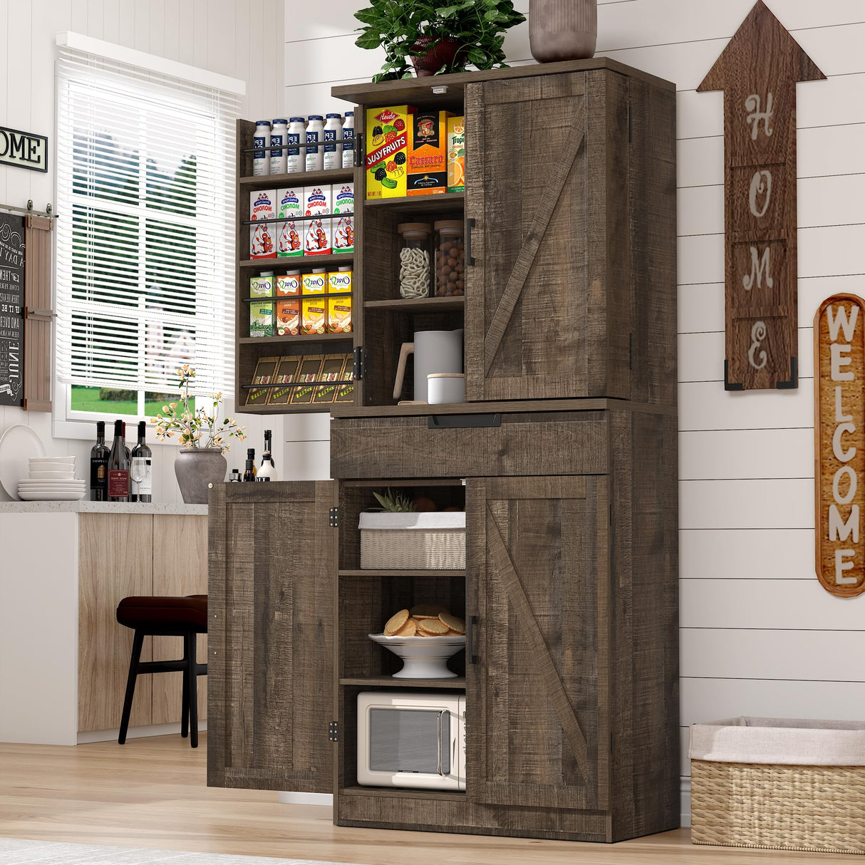 BOMETAO 72" Tall Kitchen Pantry Cabinet with X-Barn Doors, Farmhouse Storage Cabinets with Organizer, Drawer and Adjustable Shelves, Wood Cupboard for Kitchen, Dining Room, Bathroom, Rustic Brown BOMETAO