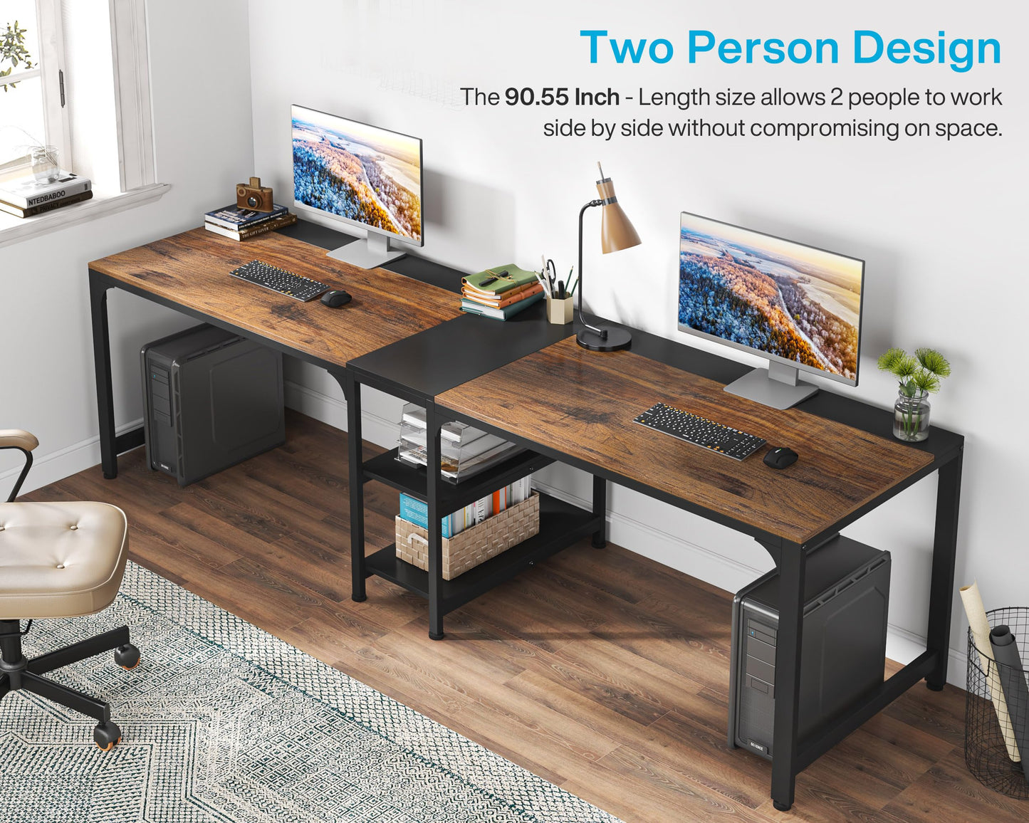 Tribesigns 90.55'' 2 Person Desk with Storage Shelves, Double Computer Desk with Spacious Desktop, Extra Long Study Writing Table Workstation for Home Office (Black & Brown) - WoodArtSupply