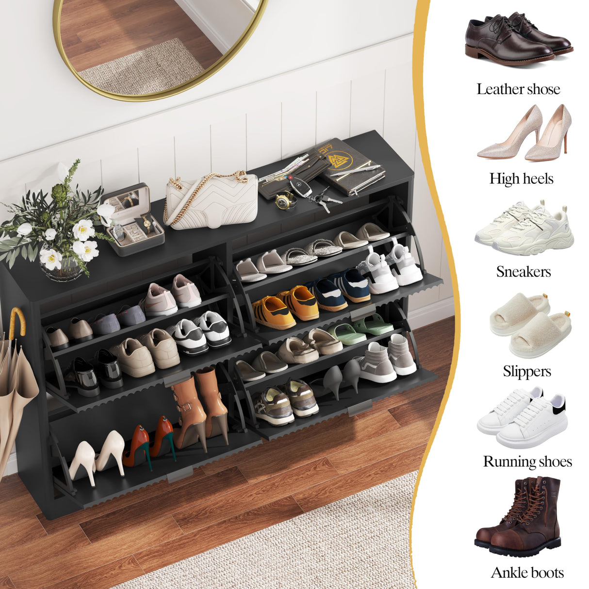 Shoe Cabinet Storage for Entryway with 4 Flip Drawers, Black Fluted Shoe Cabinet with Adjustable Shelves, Wooden Hidden Shoe Rack Freestanding Narrow Slim Shoes Storage for Hallway, Entrance HUANLEGO