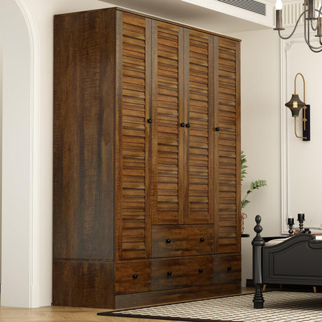 ECACAD Large Wardrobe Armoire with Multi-Tier Shelves, 5 Drawers, Hanging Rod & 4 Louver Doors, Wooden Closet Storage Cabinet for Bedroom, Black Brown (59.1”W x 19.1”D x 70.5”H) ECACAD