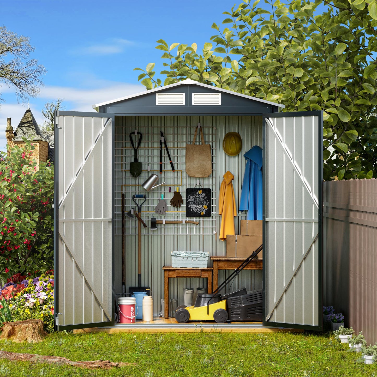 MistMo 5x3X6.3FT Outdoor Steel Storage Shed with Lockable Doors and Frame Floor, Compact Small Bike Shed, Ideal for Garden, Backyard, Swimming Pool, Patio Utility and Tool Storage - WoodArtSupply