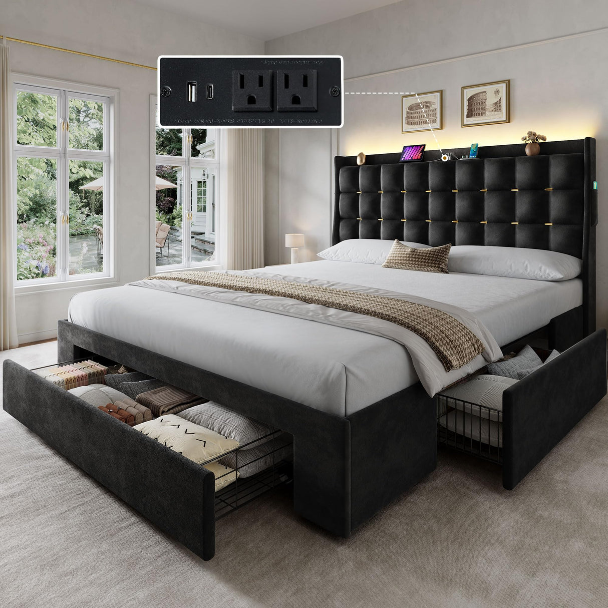 YITAHOME Queen Size Bed Frame with 3 Storage Drawers and RGB LED Lights, Velvet Upholstered Bed with Charging Station and Storage Headboard, No Box Spring Needed, Easy Assembly, Noise-Free, Black YITAHOME