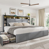 EnHomee King Size Bed Frame with 4 Storage Drawers, Upholstered Platform King Bed Frame and Headboard, King Bed Frame with LED Lights & Charging Station, Noise Free,No Box Spring Needed,Beige, Grey EnHomee