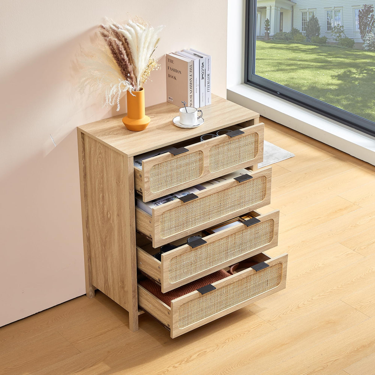 LEVNARY 4 Drawer Dresser for Bedroom, Rattan Dresser Drawers Storage Cane Cabinet, Wooden Chest of Drawers for Bedroom, Entryway, Living Room (1, Natural) LEVNARY