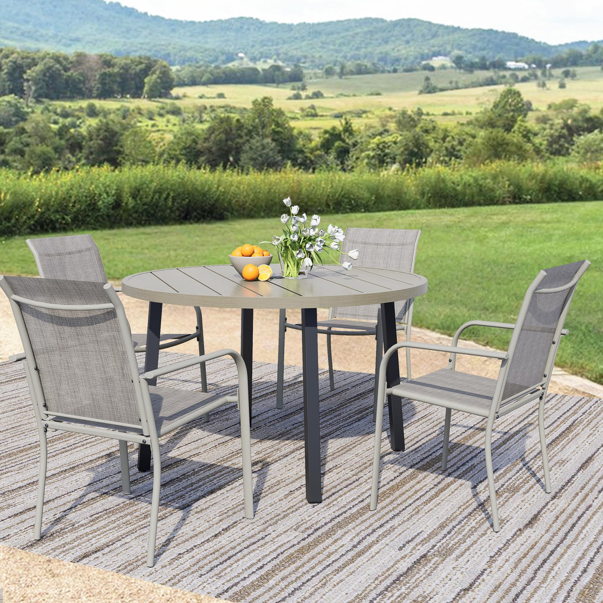 Seekverse 5-Piece Outdoor Dining Set, Round Metal Table with 4 Grey Chairs, Teak Patio Table with Umbrella Hole for Garden, Yard, Patio Seekverse
