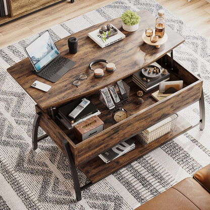 Bestier Lift Top Coffee Table with Storage, 42" Industrial Mesh Shelve Space-Saver Table, Wooden Rising Tabletop Oval Center Table for Living Room - WoodArtSupply