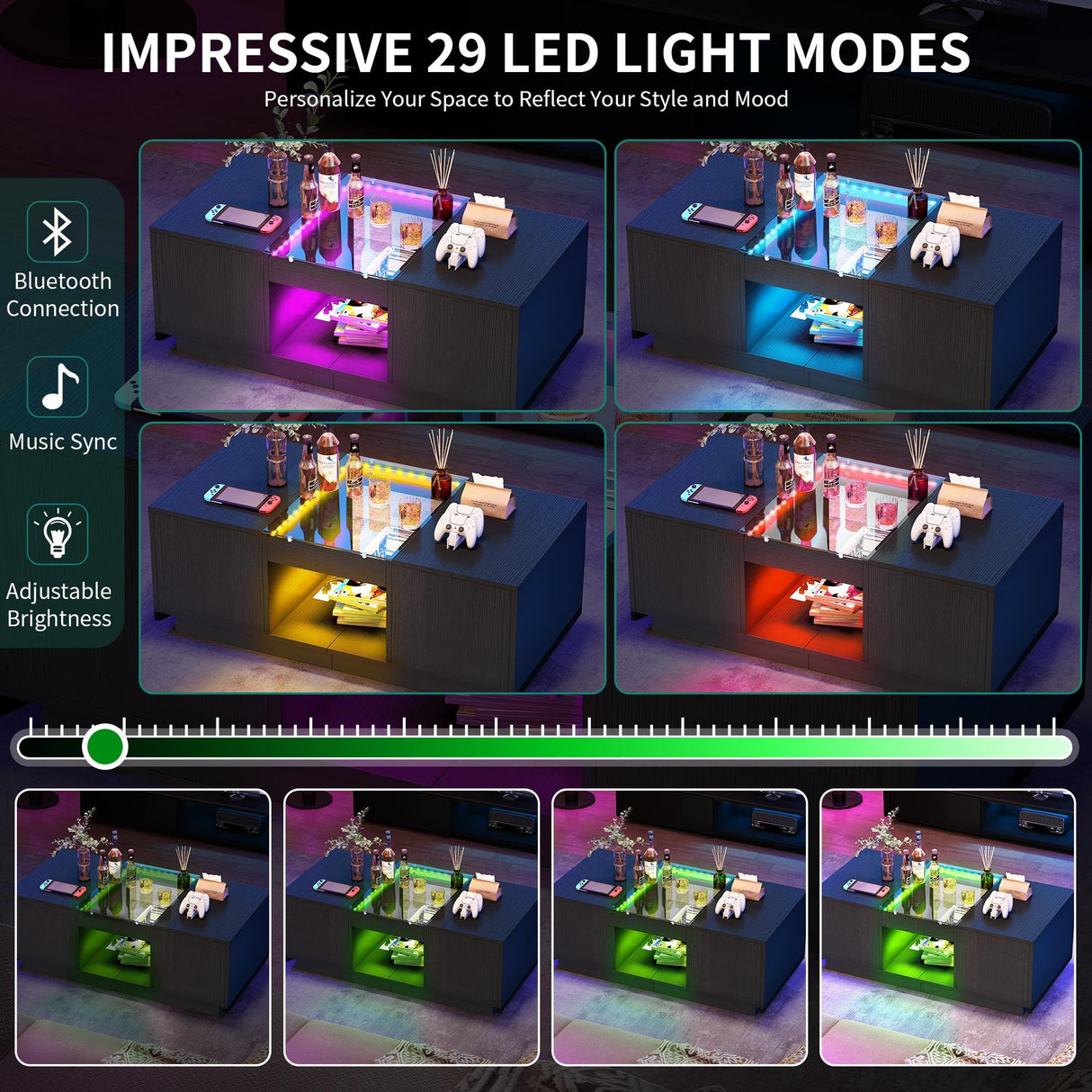 YITAHOME Modern Coffee Table with LED Lights, Rectangle Coffee Table with 2 Large Drawers, Spacious Glass Coffee Table, Upscale Large Living Room Table with Power Outlets and Remote Control, Black YITAHOME