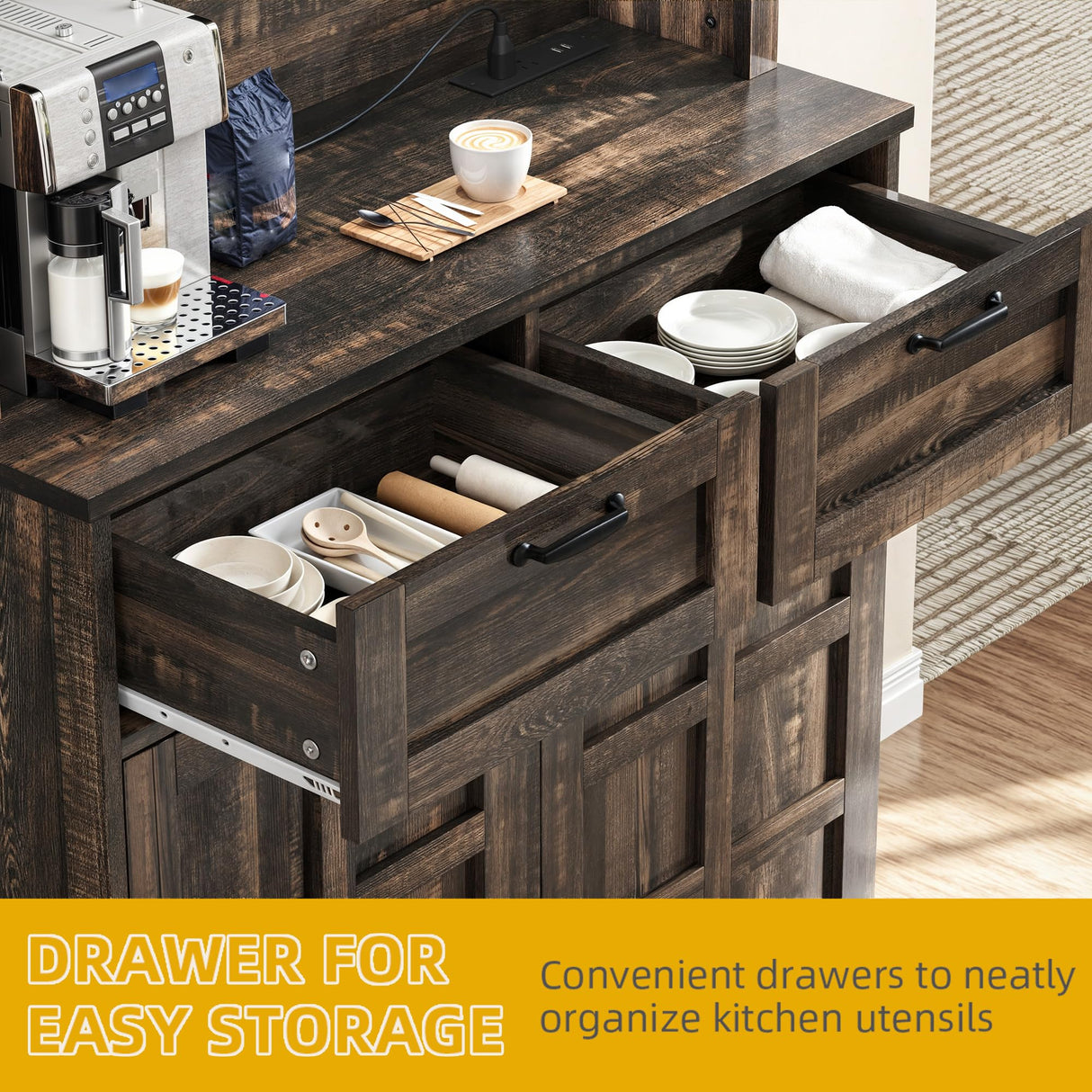 DWVO Kitchen Pantry Storage Cabinet with Tilt-Out Trash Can Fit 10 Gallon, Tall Farmhouse Kitchen Hutch Cabinets with Charging Station & Microwave Stand for Home Living Dining Room, Dark Rustic Oak DWVO