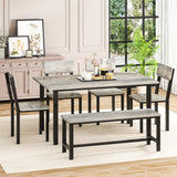 AWQM 6-Piece Dining Set, Modern Dining Table Set for 4-6,Kitchen Table Set with Chairs and Bench,Dining Room Table Set with Metal Frame & MDF Board, Table & Chairs Set for Small Space,Apartment,Grey AWQM