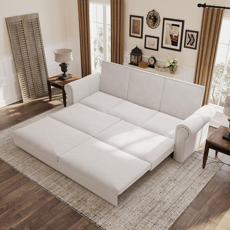 Tmsan 93.7" King Pull Out Sofa Bed, 3 in 1 Convertible Sleeper Sofa, 3 Seat Couch with Nailhead Trim & Rolled Arm for Living Room, Apartment, Office, Beige Velvet Tmsan