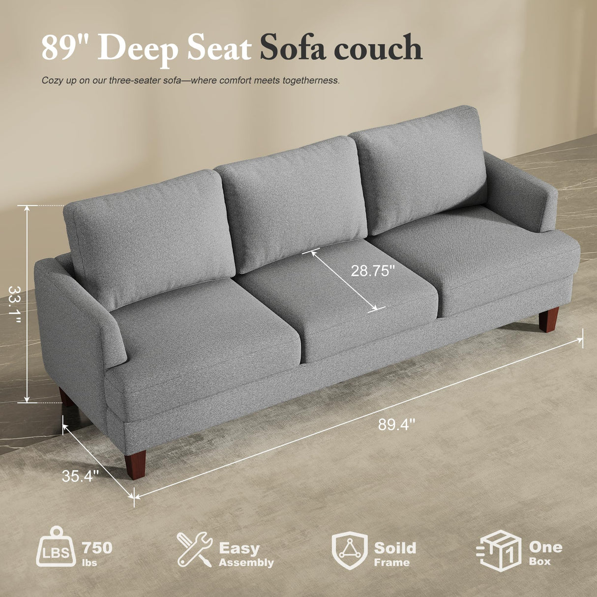 Busaurus 3 Seater Sofa Couch with Deep Seats, 89" Mid Century Modern Upholstered Sofa with Armrests, Comfy Couches for Living Room, Bedroom, Apartment and Office (Grey) Busaurus