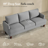 Busaurus 3 Seater Sofa Couch with Deep Seats, 89" Mid Century Modern Upholstered Sofa with Armrests, Comfy Couches for Living Room, Bedroom, Apartment and Office (Grey) Busaurus