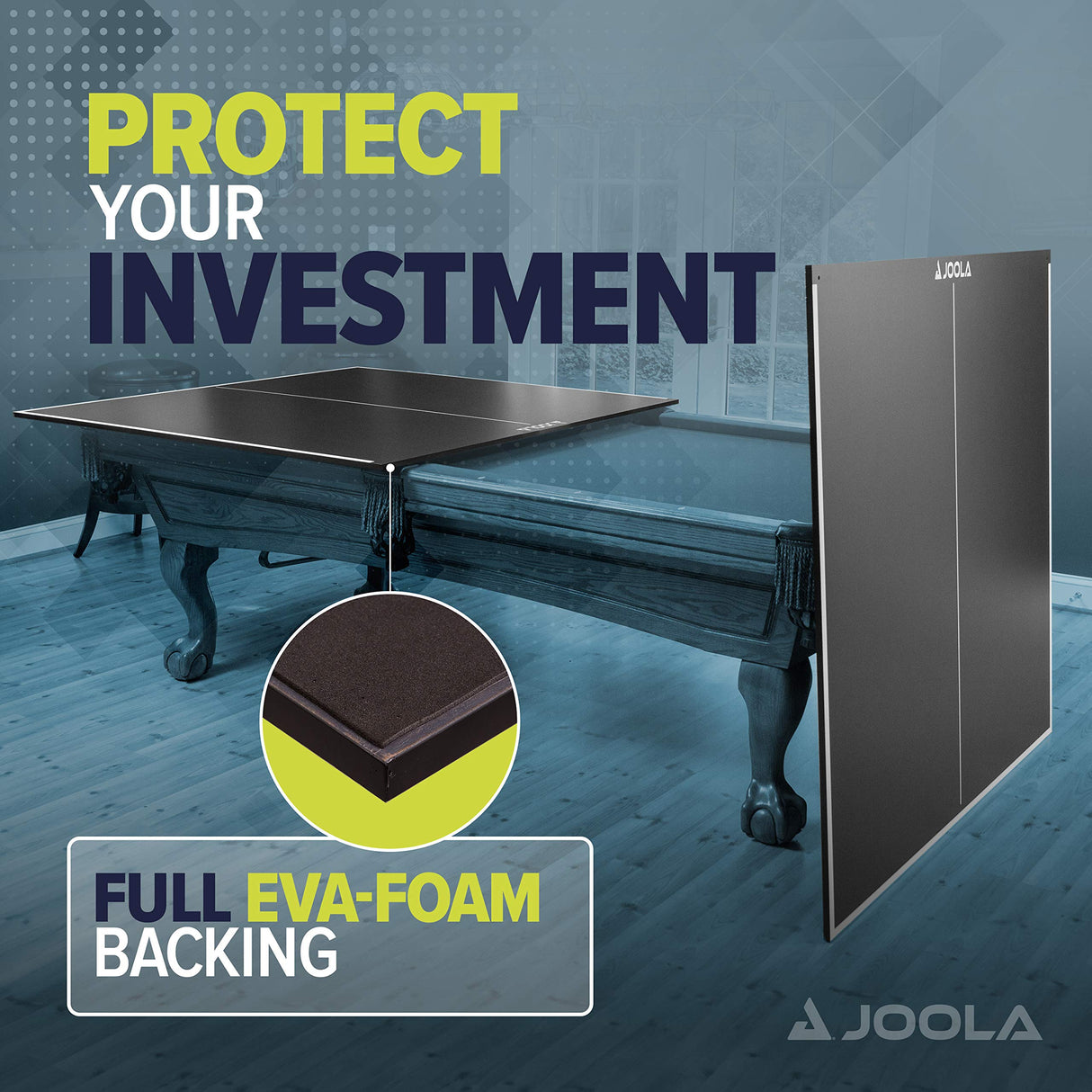 JOOLA Table Tennis Conversion Top with Net Set - Full Sized MDF Ping Pong Table Top for Pool Table - Quick Assembly with Foam Backing to Protect Billiard Table JOOLA