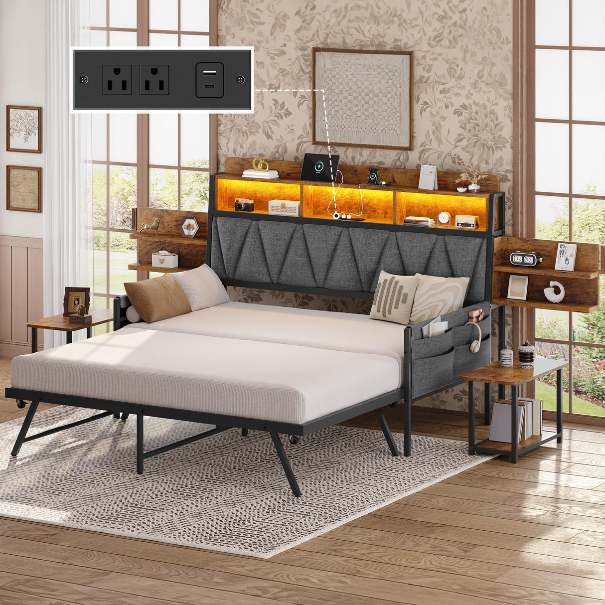 YITAHOME Twin Size Daybed with Trundle, Heavy Duty Metal Bed Frame with RGB LED Lights, Upholstered Storage Bookcase Headboard with Charging Station for Living Room, Bedroom and Guest Room, Grey YITAHOME