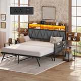 YITAHOME Twin Size Daybed with Trundle, Heavy Duty Metal Bed Frame with RGB LED Lights, Upholstered Storage Bookcase Headboard with Charging Station for Living Room, Bedroom and Guest Room, Grey YITAHOME