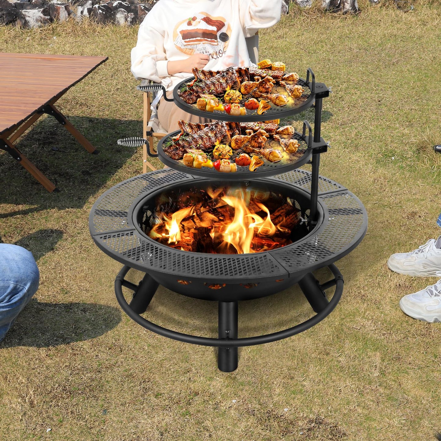 Hykolity 35 Inch Fire Pit with 2 Cooking Grate & Charcoal Pan, Outdoor Wood Burning BBQ Grill Firepit Bowl with Cover Lid, Steel Round Table for Backyard Bonfire Patio Picnic