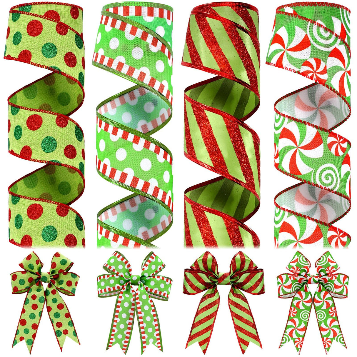 Riceshoot 4 Roll 40 Yards Christmas Wired Ribbon 1.97 Inch Red and Green Christmas Wrapping Ribbon Wide Wired Edge Polka Dot Glitter Stripe Decor for Xmas Holiday Wreath Bow Xmas Tree DIY Craft Riceshoot