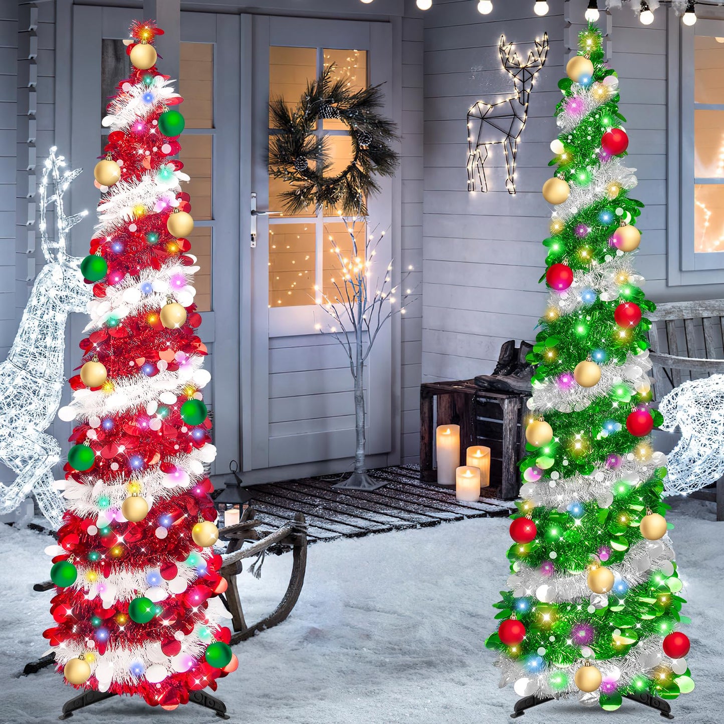 6 Ft Tinsel Christmas Trees - Artificial Christmas Tree ，Collapsible with Timer 100 Lights 15 Balls, Tinsel Pencil Christmas Tree Christmas Decorations for Home Bedroom Fireplace(Green Silver)